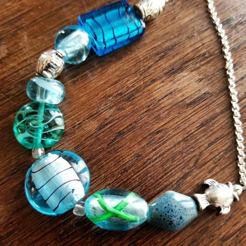 Necklace beach blue glass silver SAQ beach theme Avon mermaidcore